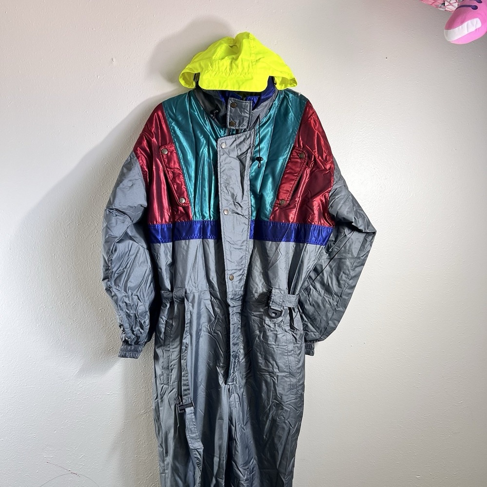 Vintage Ski Suit LG Snowsuit One Piece Snow Bib 80s 90s Color Block Neon MINT